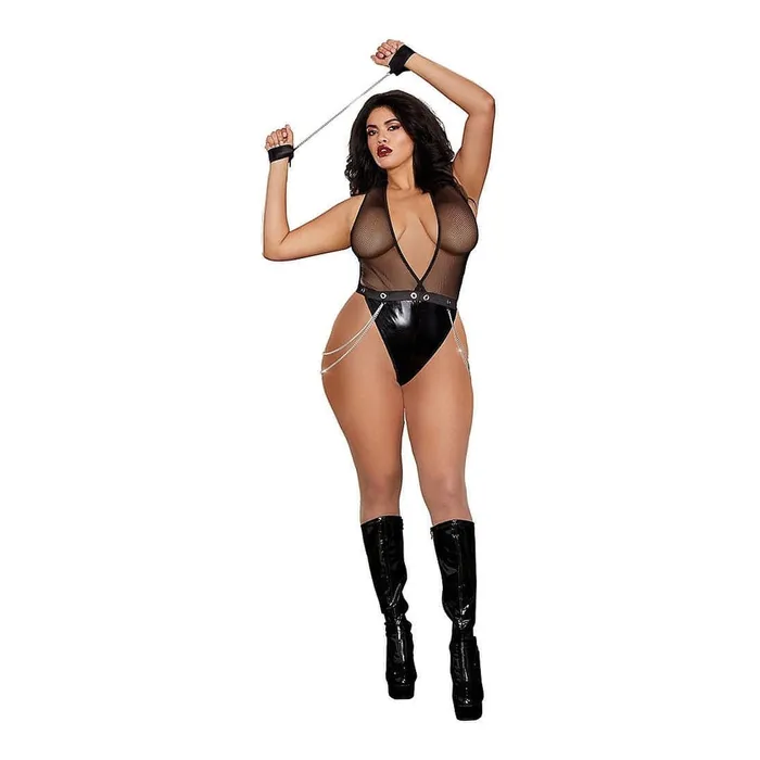 Dreamgirl Male Sex Toys | Faux-Leather Deep Plunge Halter Teddy - Plus Size